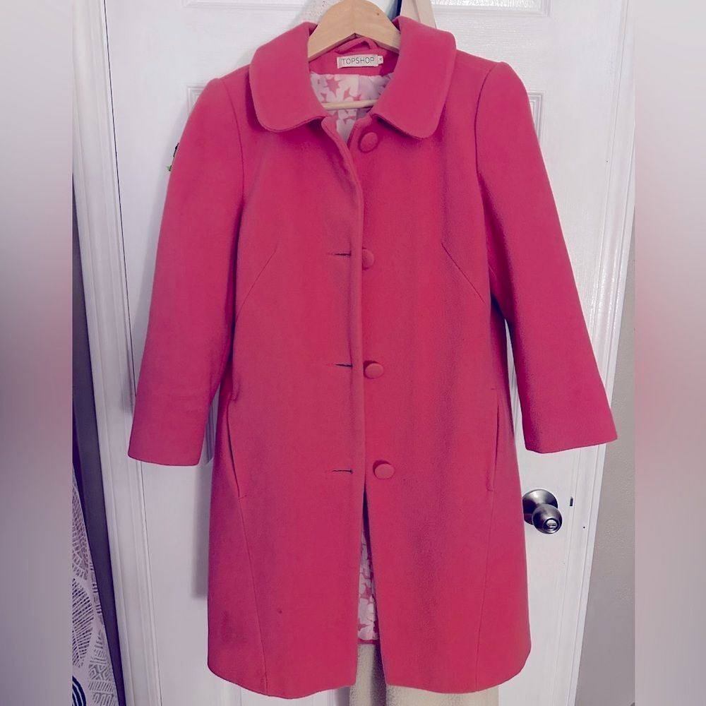 TOPSHOP Pink Midi Wool Blend Button up Coat Has Vintage Feel 3/4 Sleeve Size 10